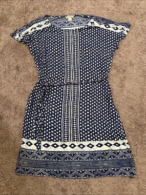 Lucky Brand Navy and White Printed Short Dress with Tie Waist